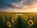 Landschapsfoto van zonnebloem bij het gouden uur, met een reiger