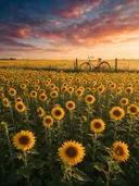 Landschapsfoto van zonnebloem bij het gouden uur, met een houten hek