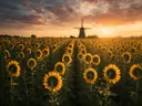 Landschapsfoto van zonnebloem bij het gouden uur, met een windmolen in de verte