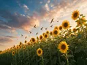 Landschapsfoto van zonnebloem bij het gouden uur, met zwaluwen laag over de bloemen