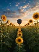 Landschapsfoto van zonnebloem bij het gouden uur, met een luchtballon boven de horizon