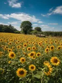 Landschapsfoto van zonnebloem bij volle zon, met een houten kar