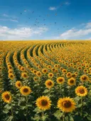Landschapsfoto van zonnebloem bij volle zon, met een zwerm vogels