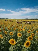 Landschapsfoto van zonnebloem bij volle zon, met een kleine kudde paarden