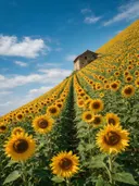 Landschapsfoto van zonnebloem bij volle zon, met een boerderijtje aan het einde van de rijen