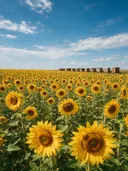 Landschapsfoto van zonnebloem bij volle zon, met een rij bijenkorven