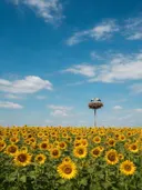 Landschapsfoto van zonnebloem bij volle zon, met ooievaars in hun nest