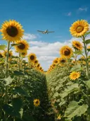 Landschapsfoto van zonnebloem bij volle zon, met een klein vliegtuigje hoog in de lucht