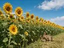 Landschapsfoto van zonnebloem bij volle zon, met een konijn met haar jongen