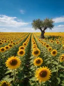 Landschapsfoto van zonnebloem bij volle zon, met een oude olijfboom