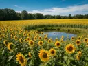 Landschapsfoto van zonnebloem bij volle zon, met een koppel eenden