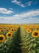 Landschapsfoto van zonnebloem bij volle zon, met een kudde schapen