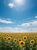 Landschapsfoto van zonnebloem bij volle zon, met een libelle
