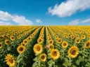 Landschapsfoto van zonnebloem bij volle zon, met een bij tussen de bloemen