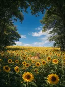 Landschapsfoto van zonnebloem bij volle zon, met een reekalfje