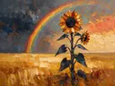 Zonnebloem in antracietkoraal, schilderij van zonnebloem op de helling