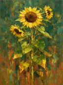 Schilderij van zonnebloem in citroen, in vlakke kleurvlakken