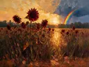 Schilderij van zonnebloem in de weide in bordeaux, in vlakke kleurvlakken