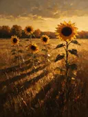 Schilderij van zonnebloem in de weide in saffraan, in vlakke kleurvlakken