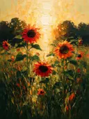 Zonnebloem in de weide in vuur, schilderij van zonnebloem onder een storm