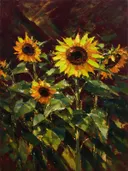 Schilderij van zonnebloem in groepjes in limoen, in vlakke kleurvlakken