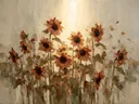 Schilderij van zonnebloem in groepjes in terracotta, in vlakke kleurvlakken