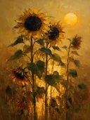 Zonnebloem in groepjes in zwartgoud, schilderij van zonnebloem