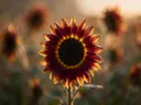 Fotografie van zonnebloem in het gouden uur, diep bordeauxrood