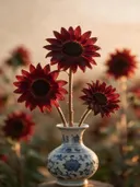 Fotografie van zonnebloem in het gouden uur, diep bordeauxrood