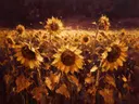 Schilderij van zonnebloem in het landschap in goudoker, in vlakke kleurvlakken