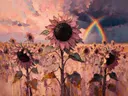 Zonnebloem in het landschap in oudroze, schilderij van zonnebloem