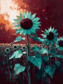 Schilderij van zonnebloem in het landschap in turkoois, in vlakke kleurvlakken