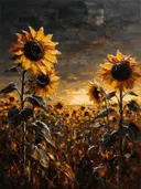 Zonnebloem in het landschap in zwartgoud, schilderij van zonnebloem