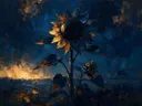 Schilderij van zonnebloem in inktblauw, in vlakke kleurvlakken