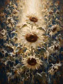 Zonnebloem in ivoor, schilderij van zonnebloem tegen de lucht