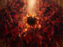 Zonnebloem in karmozijn, schilderij van zonnebloem van dichtbij