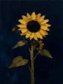 Zonnebloem in mosterd, schilderij van zonnebloem van dichtbij
