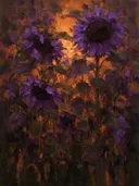 Schilderij van zonnebloem in paarsoranje, in vlakke kleurvlakken