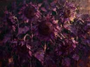 Schilderij van zonnebloem in violet, in vlakke kleurvlakken