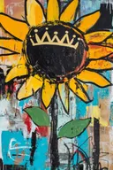 Schilderij van een gele zonnebloem met een getekend kroontje op de kern, kleurrijke achtergrond