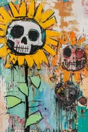 Schilderij van een zonnebloem met een schedelvormige kern op teal-oranje achtergrond