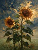 Schilderij van zonnebloem onder de hemel in kopergloed, in vlakke kleurvlakken