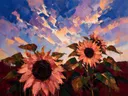 Zonnebloem onder de hemel in koraal, schilderij van zonnebloem van dichtbij