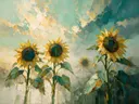 Schilderij van zonnebloem onder de hemel in zeegroen, in vlakke kleurvlakken