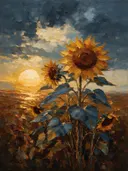 Schilderij van zonnebloem onder een storm in leisteen, in vlakke kleurvlakken