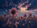 Zonnebloem onder een storm in oudroze, schilderij van zonnebloem