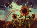 Schilderij van zonnebloem aan de bosrand in roestturkoois, in vlakke kleurvlakken