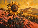 Zonnebloem op de helling in antracietkoraal, schilderij van zonnebloem op de helling