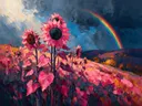 Schilderij van zonnebloem op de helling in fuchsia, in vlakke kleurvlakken