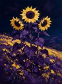 Schilderij van zonnebloem op de helling in zwavelviolet, in vlakke kleurvlakken